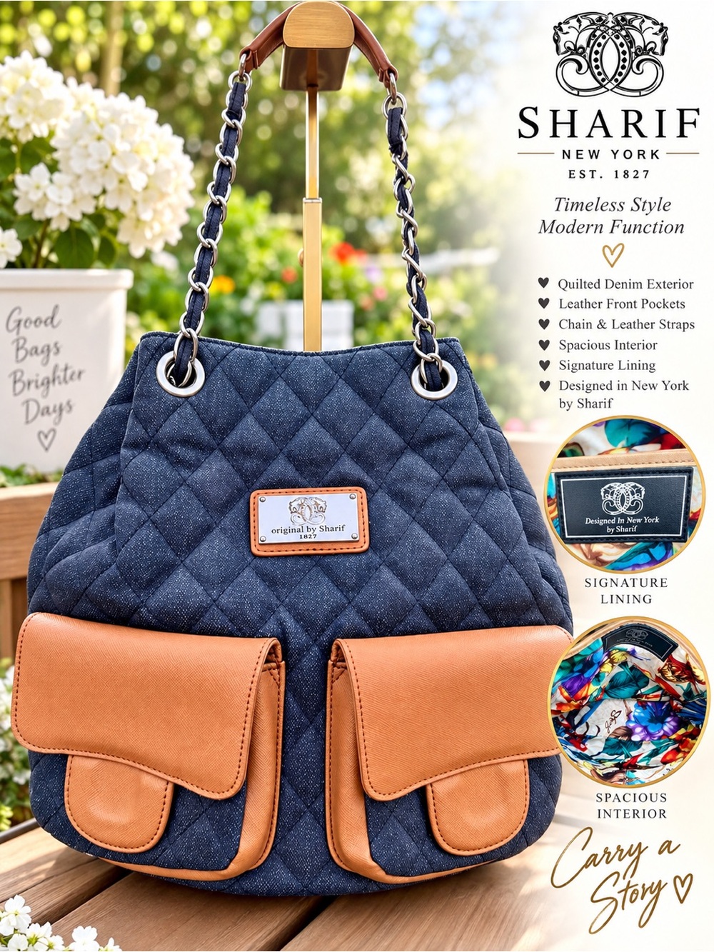 Sharif New York Quilted Denim Leather Convertible Backpack Shoulder Bag